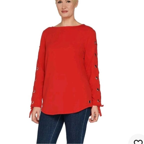 Susan Graver Weekend French Terry White Tunic With Lace Up Details Size 1X - Picture 9 of 10